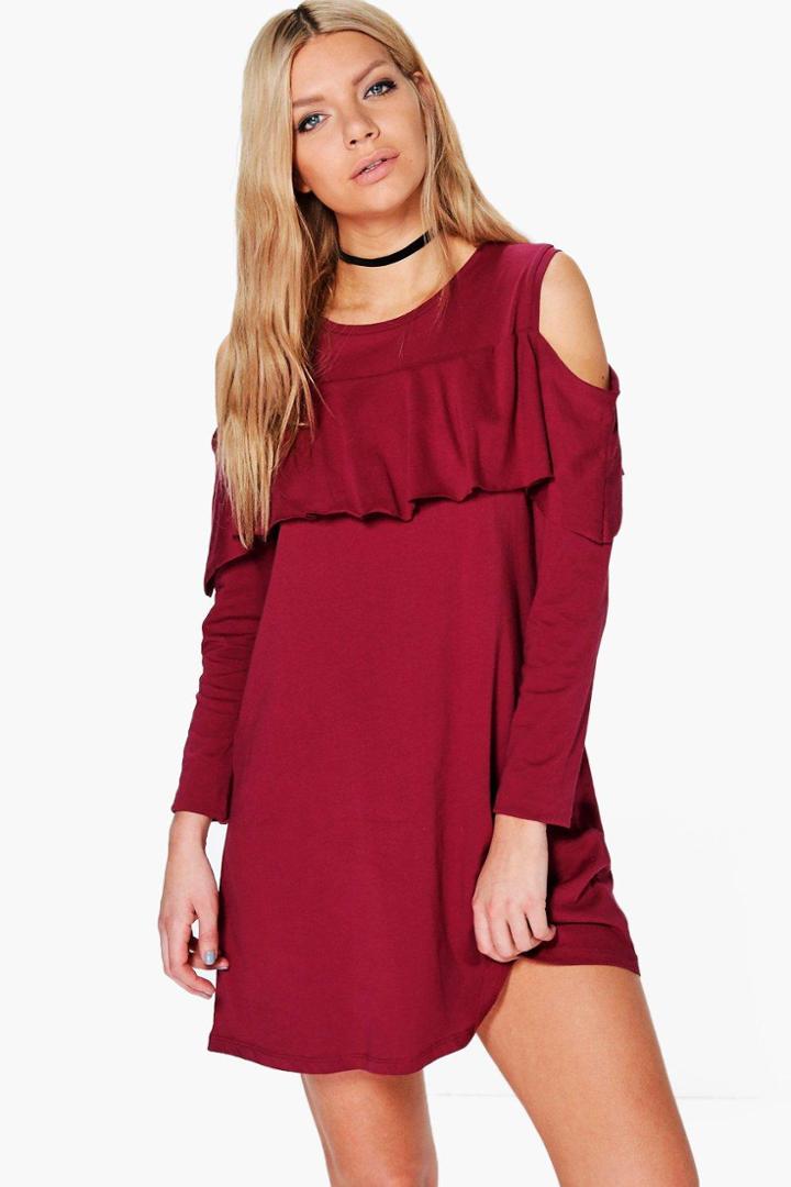 Boohoo Jenna Ruffle Cold Shoulder Shift Dress Merlot