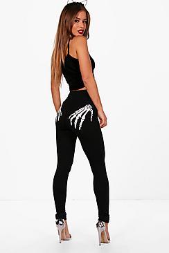 Boohoo Petite Abi Skeleton Hand Print Halloween Legging