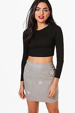 Boohoo Safiya Embellished Star Suede A Line Skirt