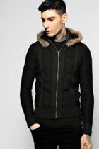 Boohoo Cable Knit Zip Through Hoodie With Hood Charcoal