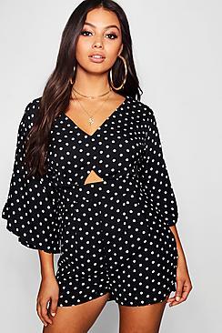 Boohoo Petite Polka Dot Kimono Sleeve Playsuit