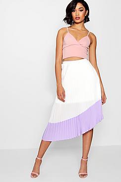 Boohoo Woven Pleated Contrast Hem Midi Skater Skirt