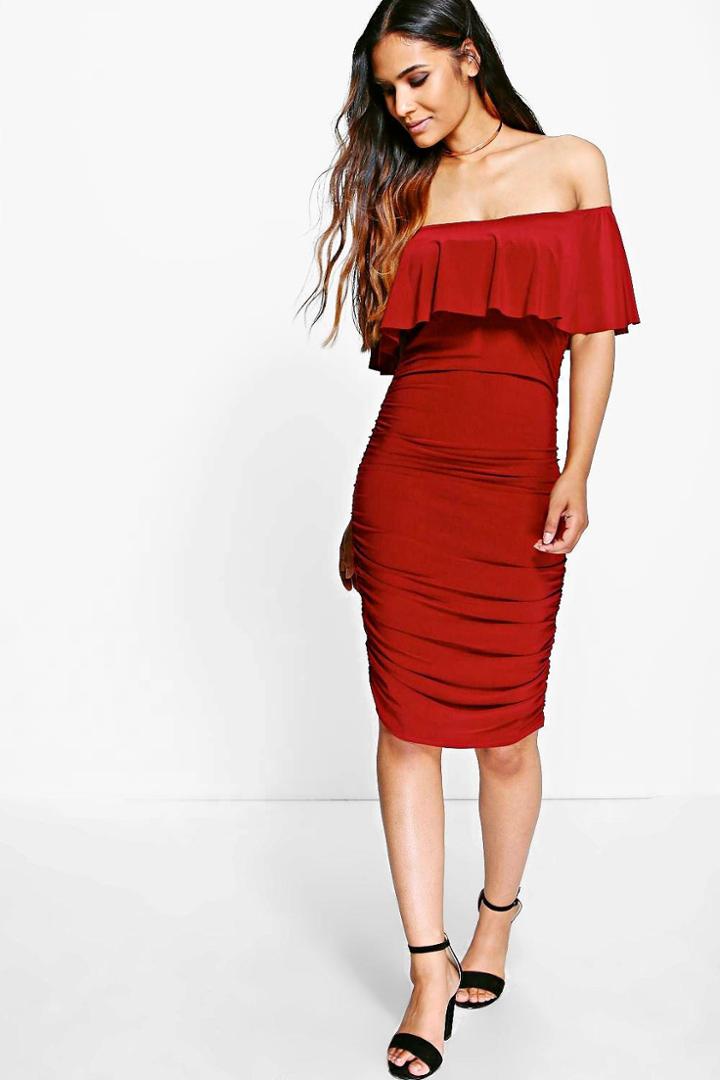 Boohoo Ari Slinky Off Shoulder Ruched Bodycon Dress Wine