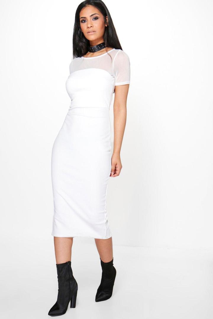 Boohoo Fay Mesh Top Detail Midi Bodycon Dress Ivory