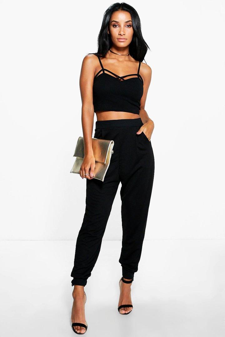 Boohoo Bahati Ribbed Waistband Relaxed Joggers Black