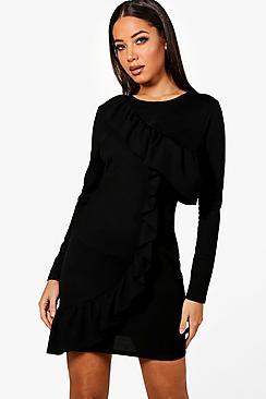 Boohoo Nyla Ruffle Front Long Sleeved Bodycon Dress