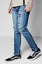 Boohoo Skinny Fit Mid Blue Rip And Repair Rigid Jeans
