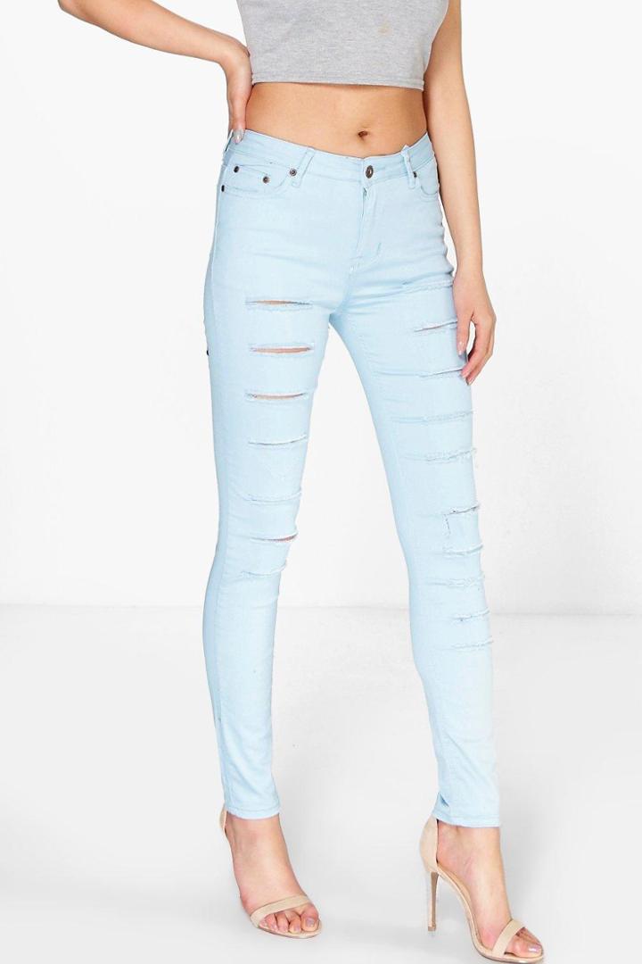 Boohoo Jess Mid Rise Slash Leg Skinny Jeans Blue