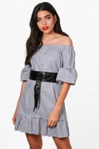 Boohoo Erin Belted Gingham Off Shoulder Dress Blue