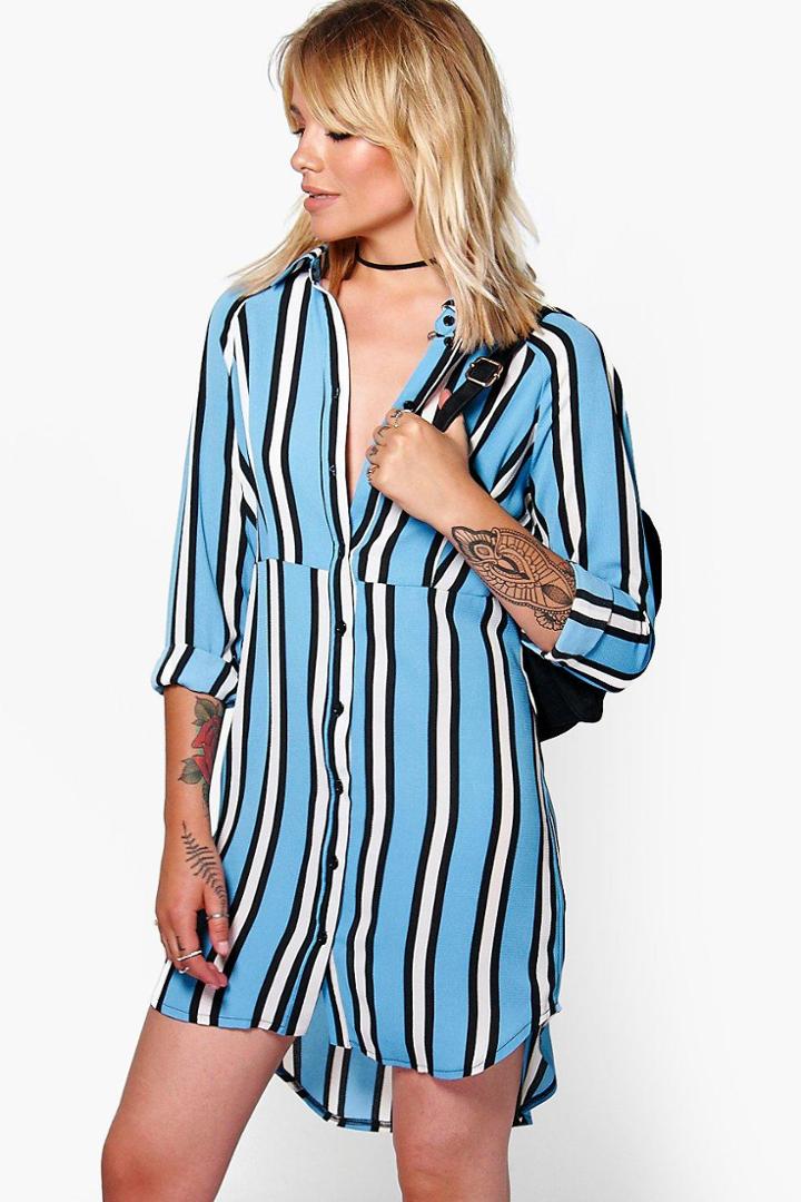 Boohoo Alicia Striped Woven Shirt Dress Blue