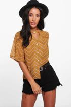 Boohoo Cassey Chevron Print Choker Short Sleeved Shirt Ochre