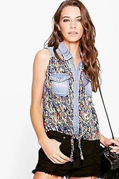 Boohoo Katie Printed Denim Pocket Tie Shirt