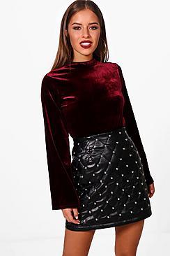 Boohoo Petite Rosie Velvet Flare Sleeve Turtleneck Top