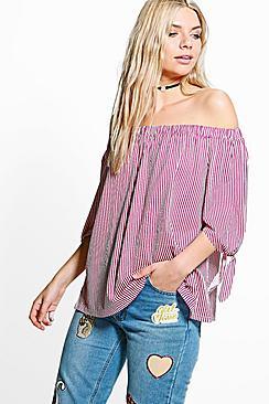 Boohoo Amber Tie Sleeve Striped Jersey Bardot Top