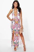 Boohoo Kirst Cut Out Halter Neck Tropical Print Maxi Dress