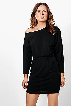Boohoo Harlow Slashneck Ribbed Tunic Dress