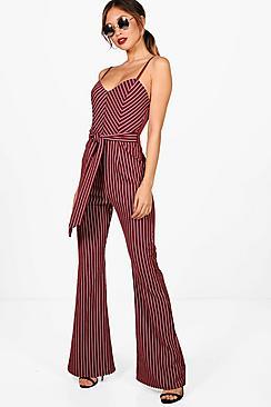 Boohoo Helena Striped Tie Belt Jumpsuit