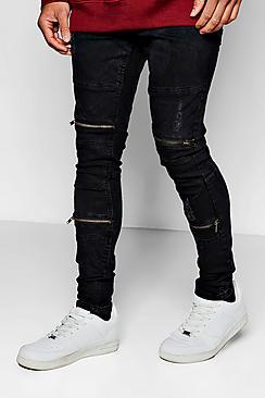Boohoo Skinny Fit Charcoal Biker Jeans With Zip Detail