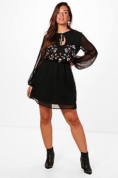 Boohoo Plus Lucy Embroidered Chiffon Skater Dress