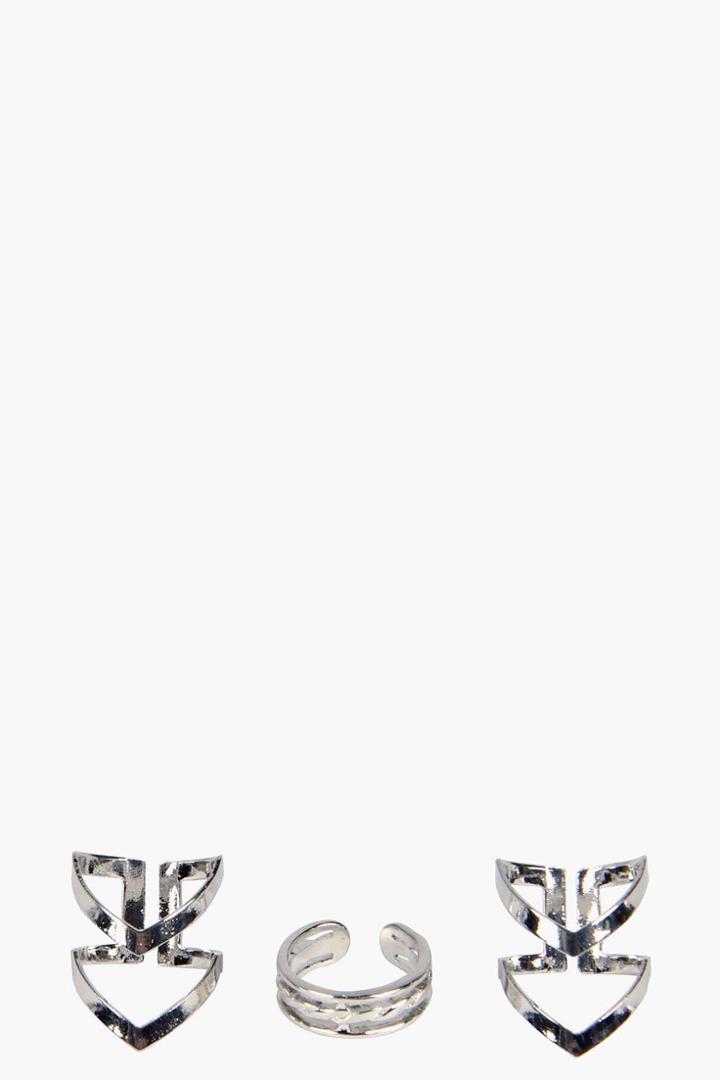 Boohoo Hallie Chevron And Chain 3 Ring Pack Silver