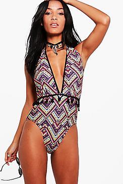 Boohoo Morocco Geo Tribal Tassel Swimsuit