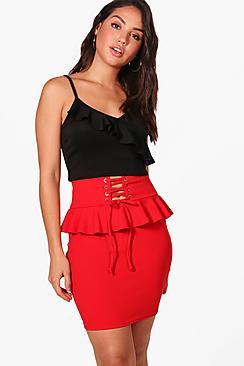 Boohoo Ella Corset Waist Ruffle Detail Crepe Mini Skirt