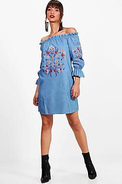 Boohoo Off The Shoulder Embroidery Denim Dress