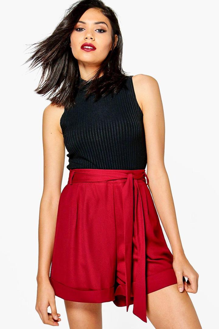 Boohoo Tall Maelea Tie Belt Woven Shorts Wine