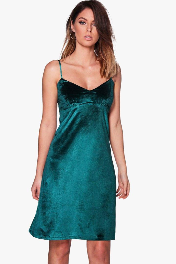 Boohoo Karina Velvet Cami Dress Khaki