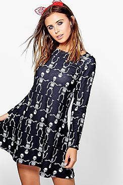 Boohoo Petite Charlie Skeleton Print Halloween Swing Dress