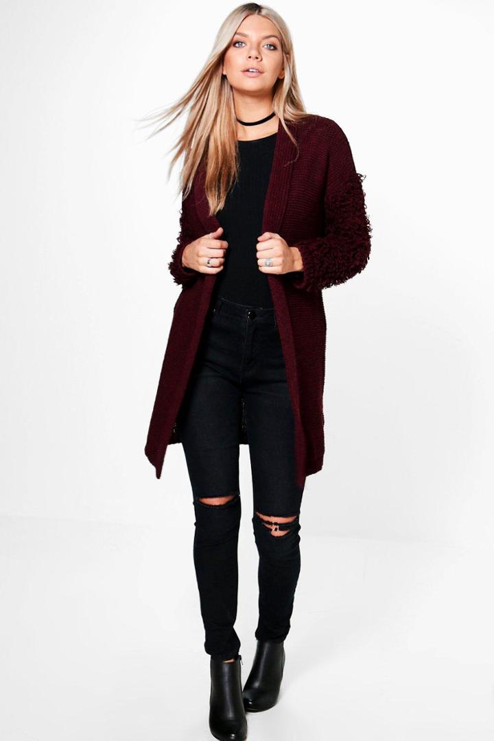 Boohoo Abbie Textured Sleeve Cardigan Wine