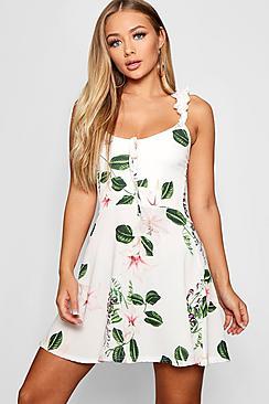 Boohoo Floral Print Ruffle Strap Skater Dress