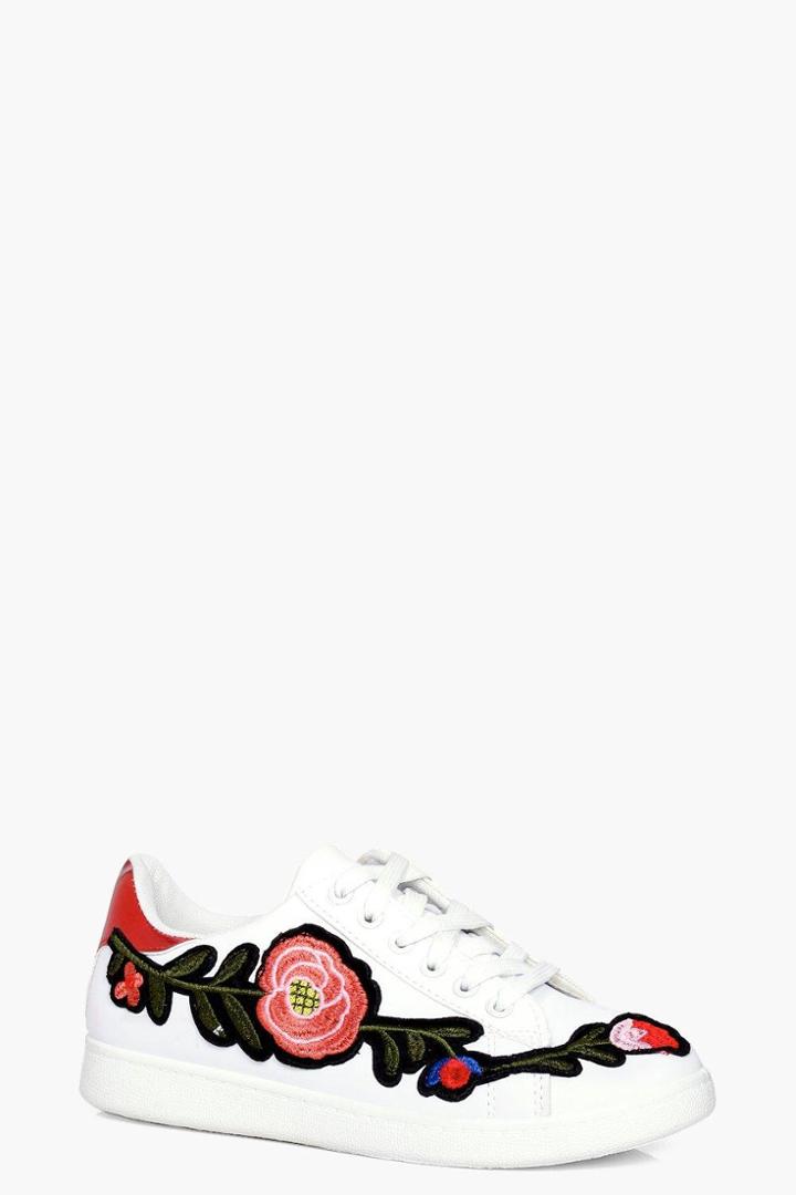 Boohoo Jessica Floral Embroidered Trainer Red