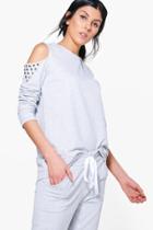 Boohoo Eva Boutique Studded Cold Shoulder Sweat Top Grey
