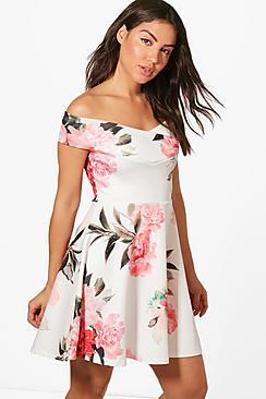 Boohoo Off The Shoulder Floral Skater Dress