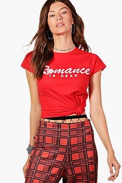 Boohoo Hannah Glitter Slogan Rose Print Tee
