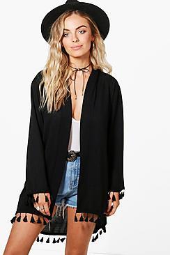 Boohoo Leah Tassel Trim Knitted Kimono Cardigan