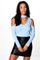 Boohoo Olivia Cold Shoulder Choker Rib Knit Jumper Bluebell