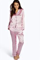 Boohoo Amelia Contrast Piping Button Down Satin Set Pink