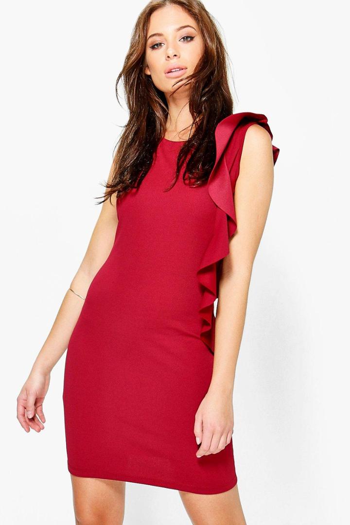 Boohoo Akinyi Frill Side Round Neck Shift Dress Berry