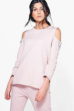 Boohoo Eva Boutique Studded Cold Shoulder Sweat Top