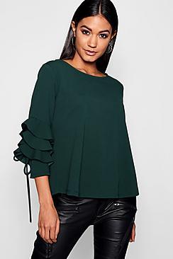 Boohoo Tie Ruffle Sleeve Blouse
