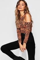 Boohoo Tan Snake Print Cut Out Shoulder Top