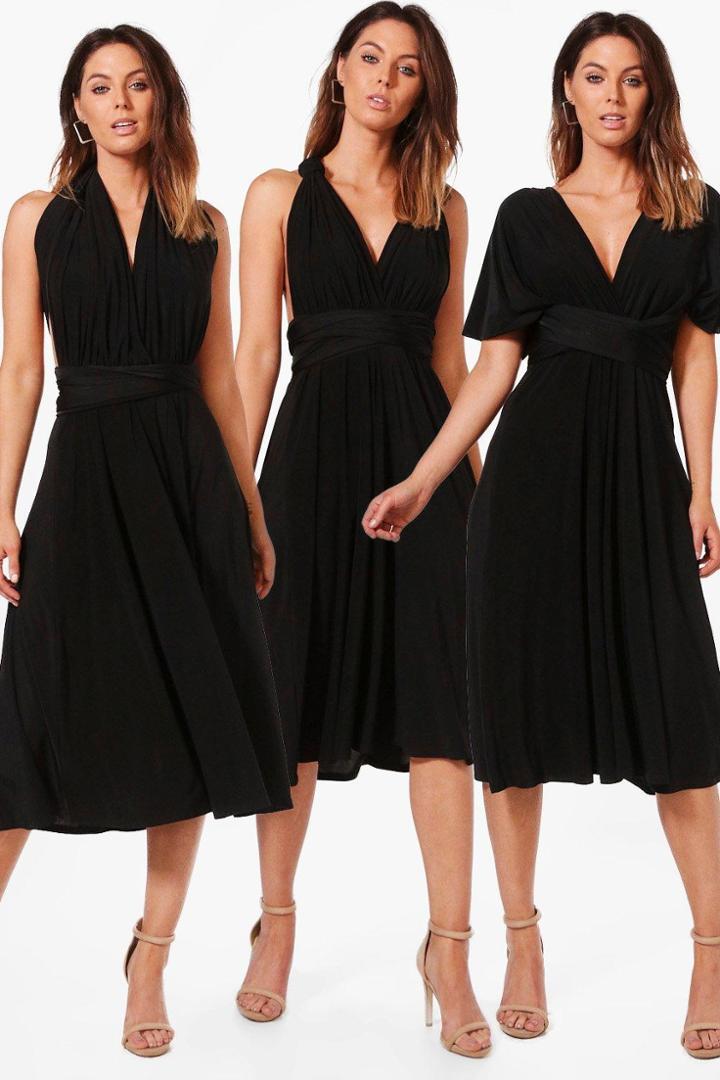 Boohoo Georgia Slinky Multi Tie Midi Skater Dress Black