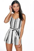 Boohoo Bella Belted Striped Cami Playsuit White