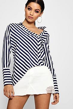 Boohoo Ellie Asymmetric Deep Cuff Stripe Shirt