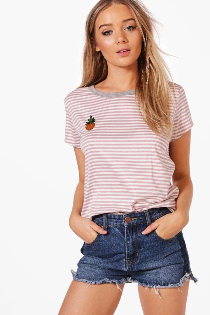 Boohoo Lola Pineapple Badge Stripe T-shirt Pink