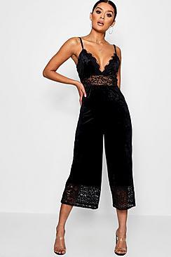 Boohoo Lace Trim Velvet Cami Jumpsuit