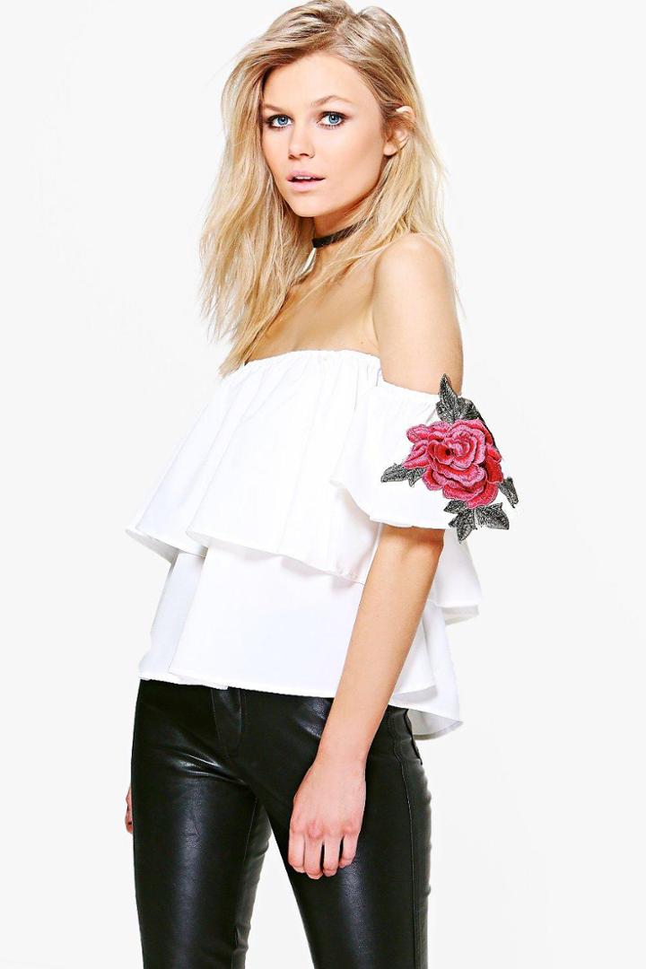 Boohoo Petite Annie Off The Shoulder Applique Top White