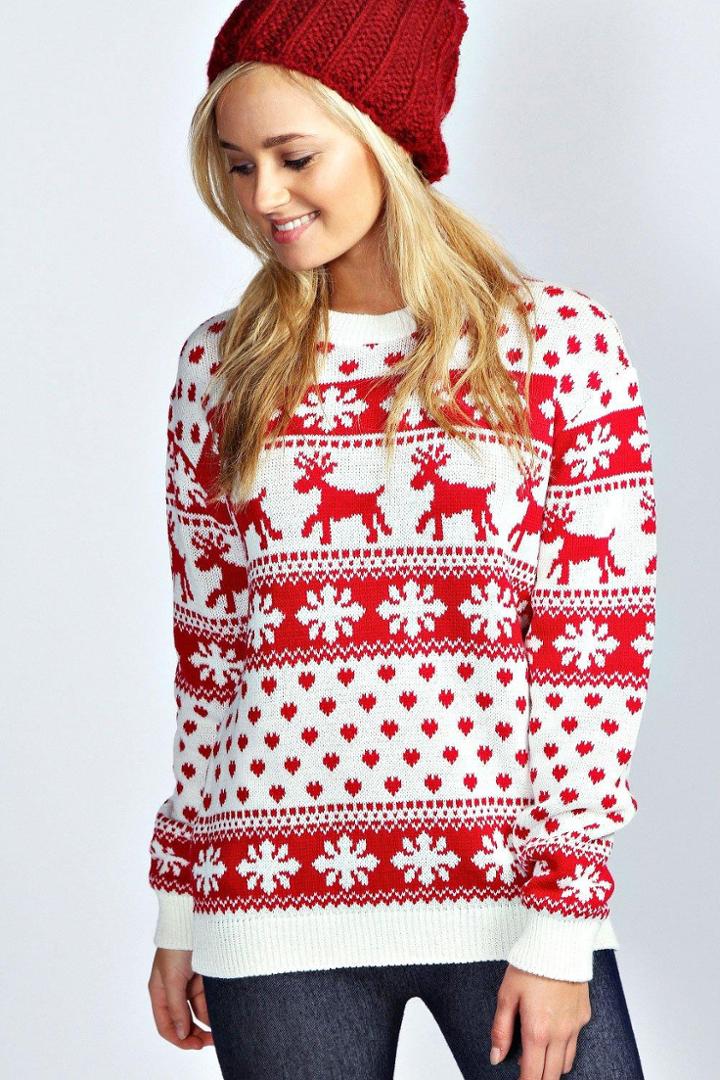 Boohoo Hollie Reindeer & Snowflake Christmas Jumper Cream